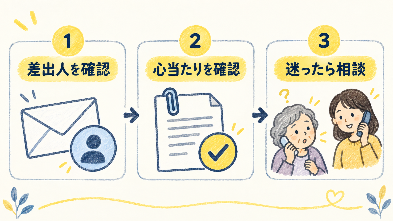 差出人とメール内容の心当たりを確認し、迷ったら開かず相談する3段階の図。