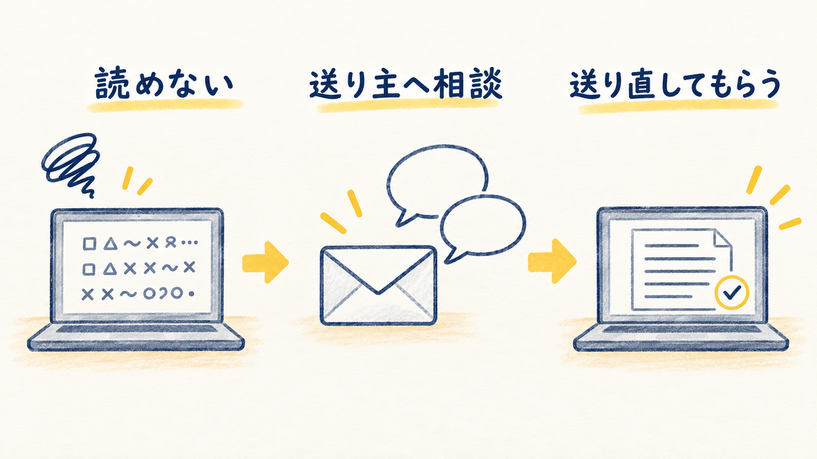 文字化けで読めない添付ファイルを、送り主へ相談して送り直してもらう流れ。パソコンと封筒、矢印で示した図解。