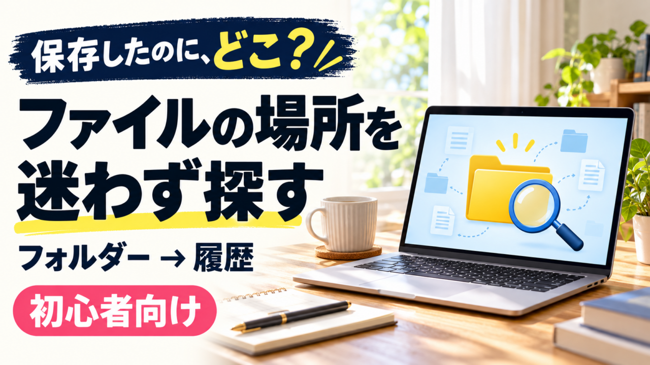 保存したのに、どこ？ ファイルの場所を迷わず探す。フォルダーと履歴を確認する記事の初心者向けアイキャッチ。
