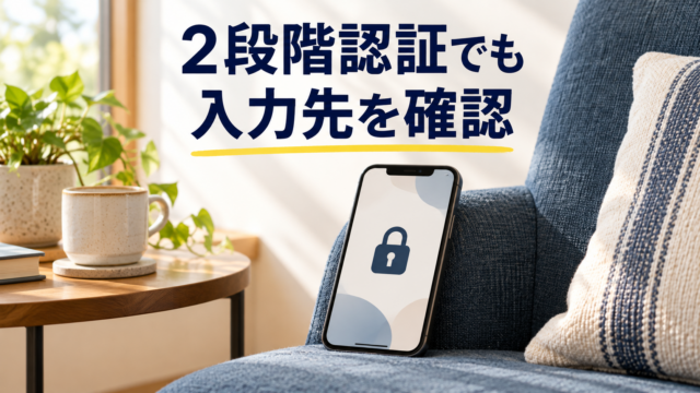 スマートフォンの鍵のイメージと、2段階認証でも入力先を確認という見出し