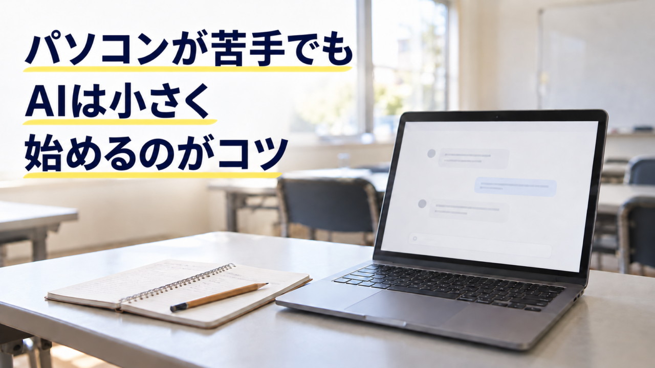 パソコン教室のノートパソコンと練習ノート。パソコンが苦手でも AIは小さく始めるのがコツという見出し
