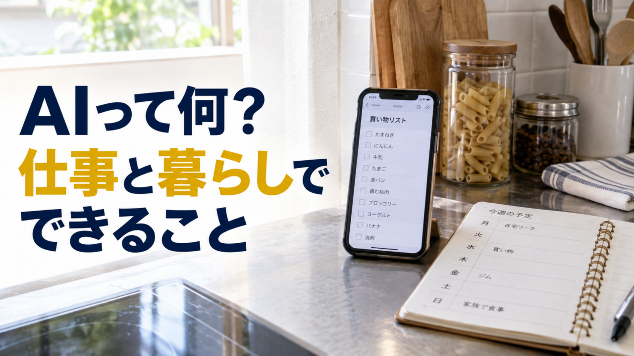 買い物リストのあるスマートフォンと予定帳。AIって何？。仕事と暮らしで。できること。