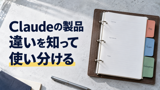 種類別の見出しを付けたバインダー。Claudeの製品。違いを知って。使い分ける。