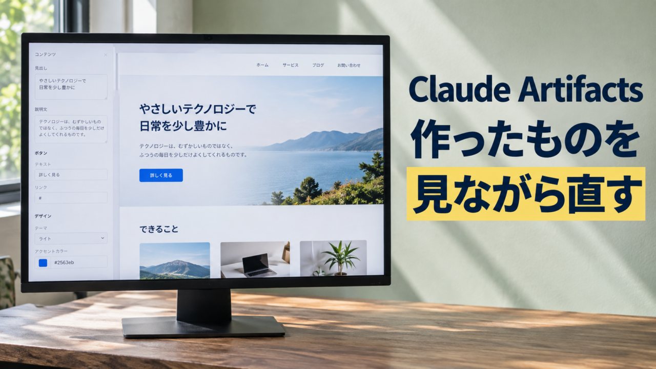 制作中のページを表示したモニター。Claude Artifacts。作ったものを。見ながら直す。