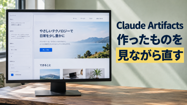 制作中のページを表示したモニター。Claude Artifacts。作ったものを。見ながら直す。