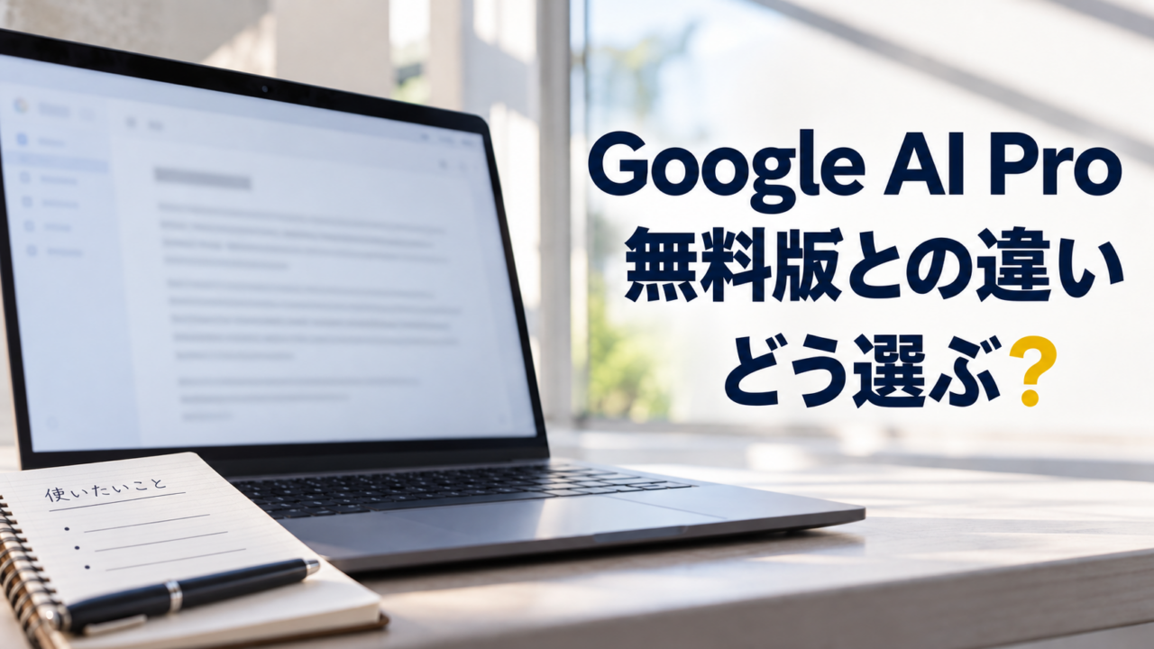 検討用のノートとノートパソコン。Google AI Pro。無料版との違い。どう選ぶ？。
