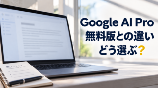 検討用のノートとノートパソコン。Google AI Pro。無料版との違い。どう選ぶ？。