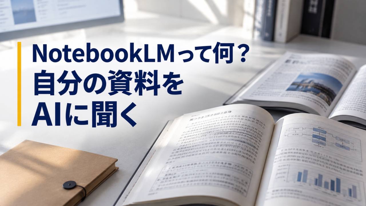 開いた参考書と資料。NotebookLMって何？。自分の資料を。AIに聞く。
