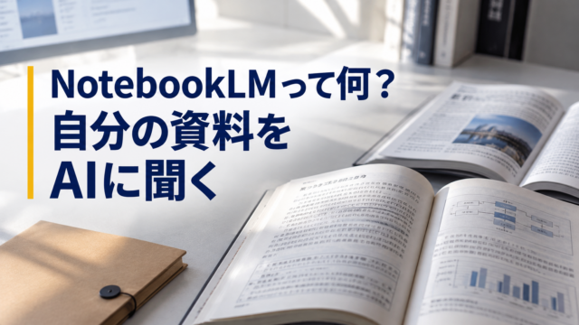 開いた参考書と資料。NotebookLMって何？。自分の資料を。AIに聞く。