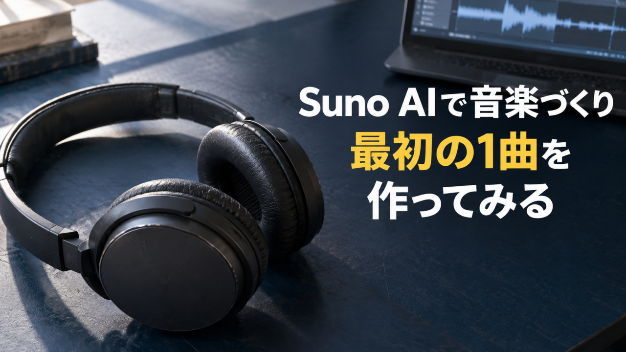 ヘッドホンと音声波形の画面。Suno AIで音楽づくり。最初の1曲を。作ってみる。