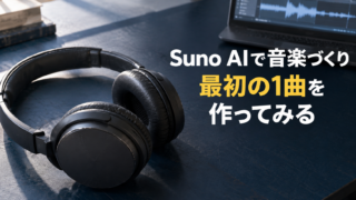 ヘッドホンと音声波形の画面。Suno AIで音楽づくり。最初の1曲を。作ってみる。