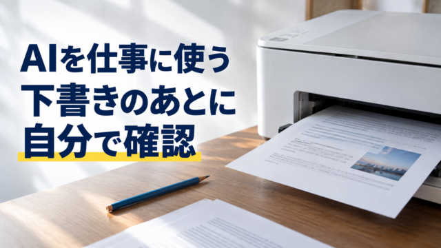 プリンターと印刷した原稿。AIを仕事に使う。下書きのあとに。自分で確認。