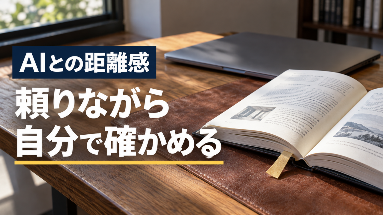 開いた本と閉じたノートパソコン。AIとの距離感。頼りながら。自分で確かめる。