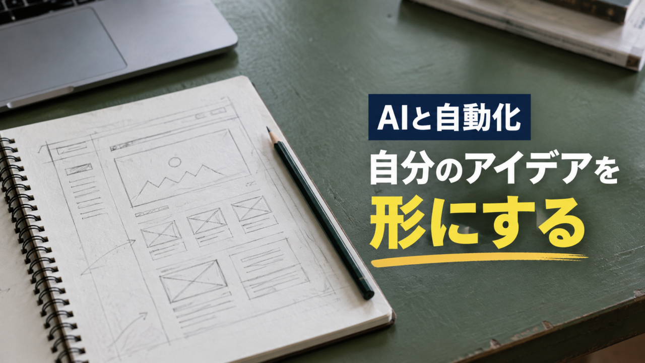Webページの構想を描いたスケッチブック。AIと自動化。自分のアイデアを。形にする。