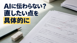 修正箇所を書き込んだ原稿と消しゴム。AIに伝わらない？。直したい点を。具体的に。