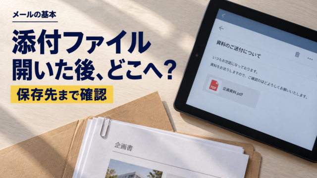 添付メールを表示したタブレットと書類フォルダー。添付ファイル。開いた後、どこへ？。保存先まで確認。