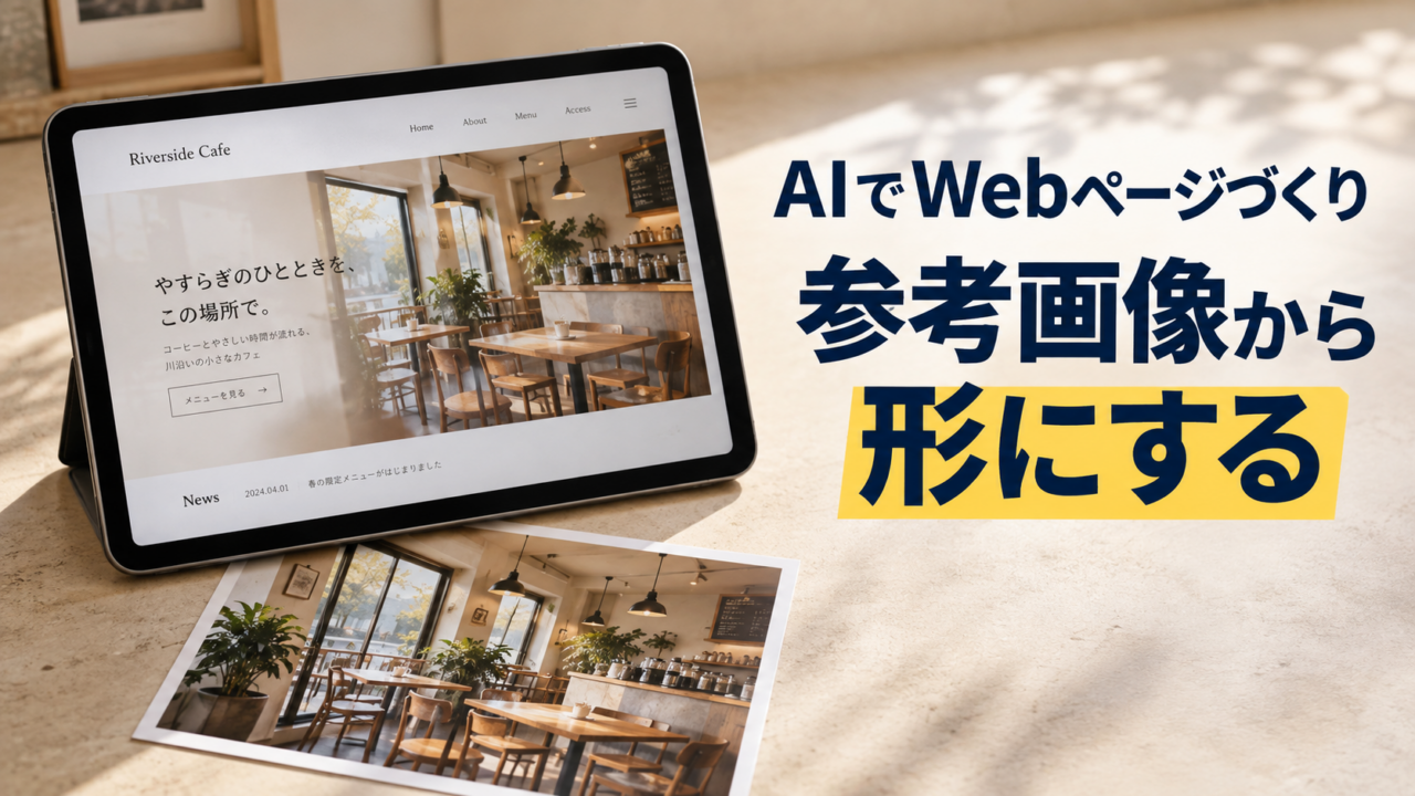 カフェのWebページを表示したタブレットと参考写真。AIでWebページづくり。参考画像から。形にする。