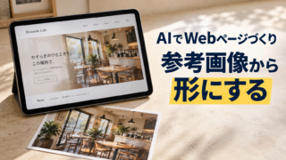 カフェのWebページを表示したタブレットと参考写真。AIでWebページづくり。参考画像から。形にする。