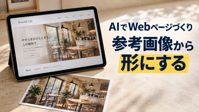 カフェのWebページを表示したタブレットと参考写真。AIでWebページづくり。参考画像から。形にする。